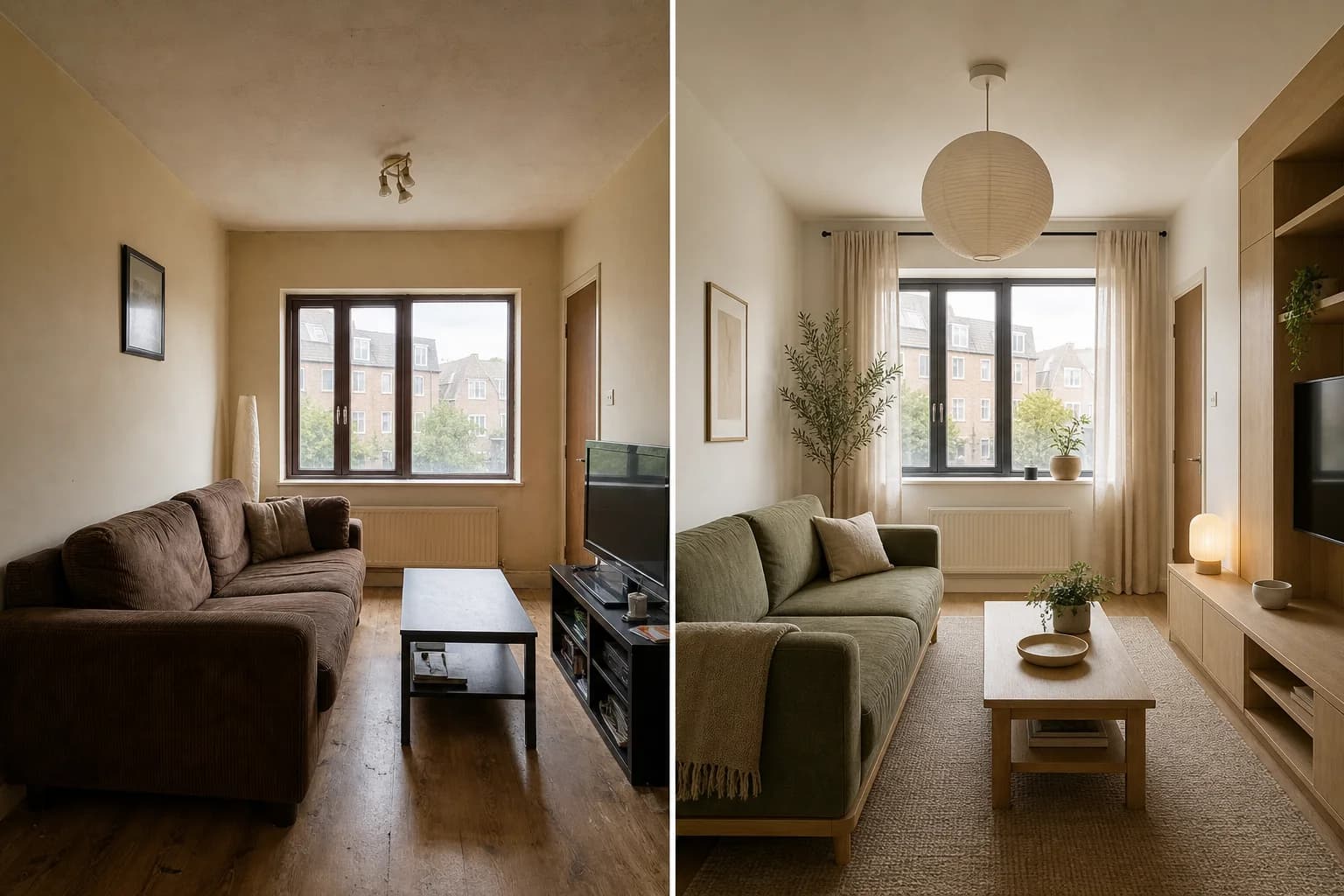 The same living room before and after a warm contemporary redesign